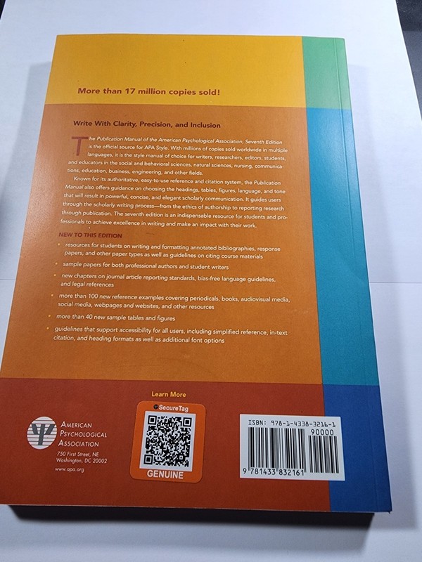 Publication Manual (OFFICIAL) 7th Edition of the American Psychological. VG+ B7 gallery