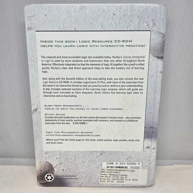 Logic by Patrick Hurley Seventh Edition 1999 Unopened CD Hardcover Wadsworth Pub gallery