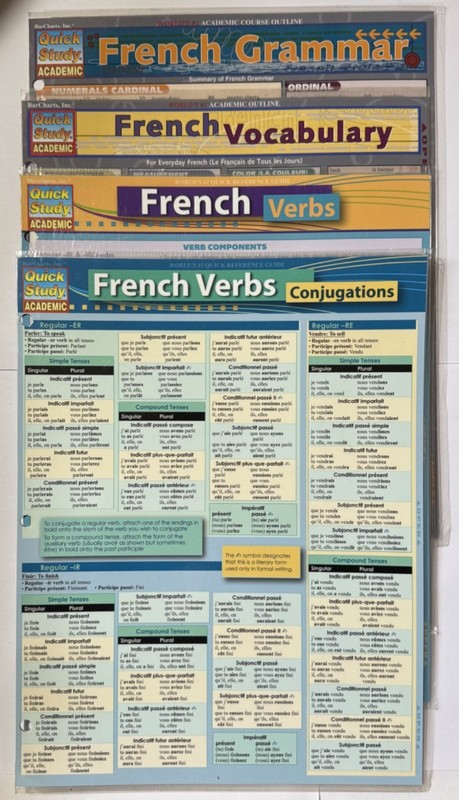 Lot of 4 Quick Study Academic FRENCH Guides: Vocab, Grammar, Verbs, Conjugation